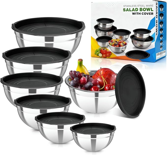 7-Piece Mixing Bowls with Airtight Lids — Stackable Stainless Steel Nesting by YJSLICT