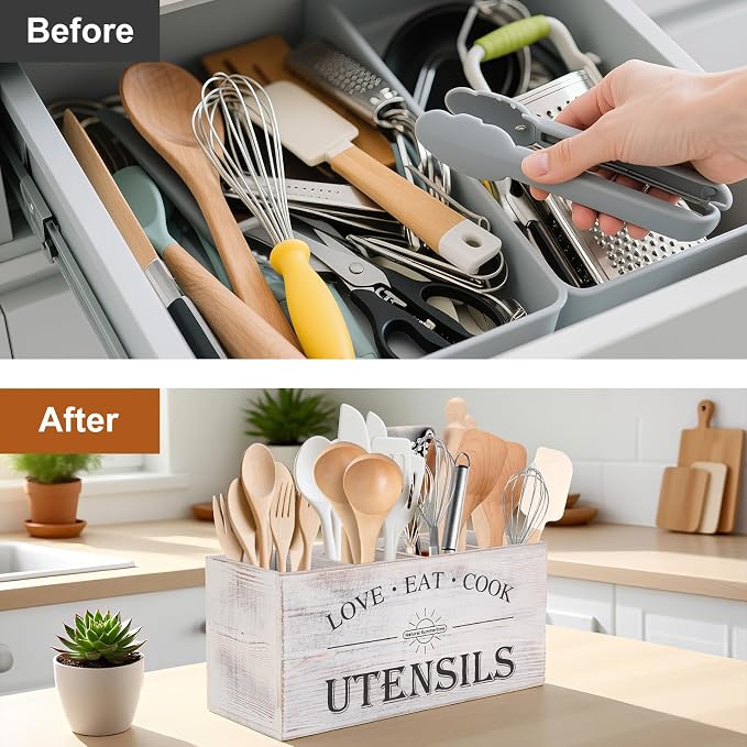 2 PC Wooden Utensil Holder, （With 4-Compartments size*1 + 3-Compartments - Image 3