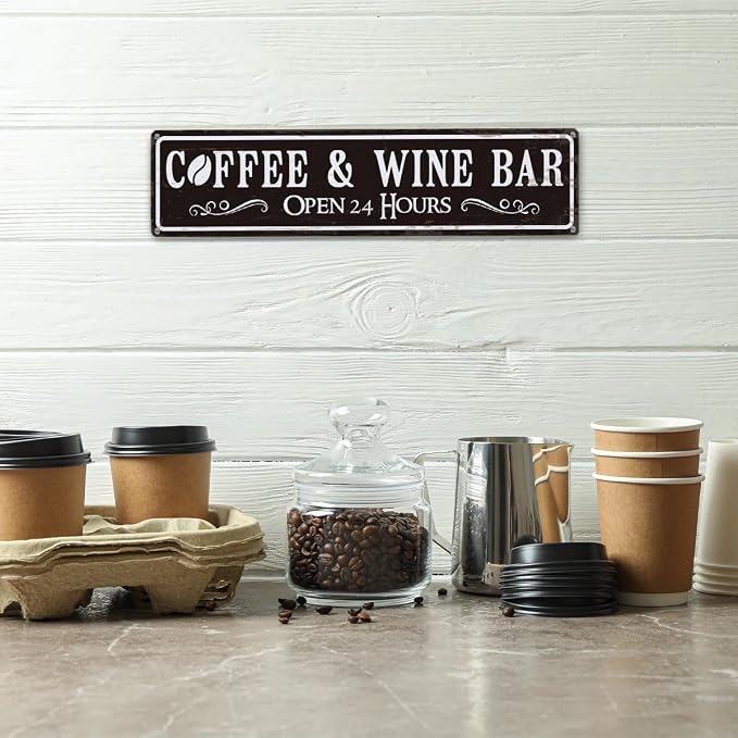 Coffee and Wine Bar Decor, Coffee & Wine Bar Open 24 Hours Sign, Retro Metal - Image 4