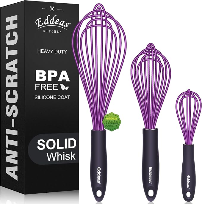 Silicone Whisk, Eddeas Whisk Non-Scratch Coated Whisks set of 3-Heat Resistant by Eddeas