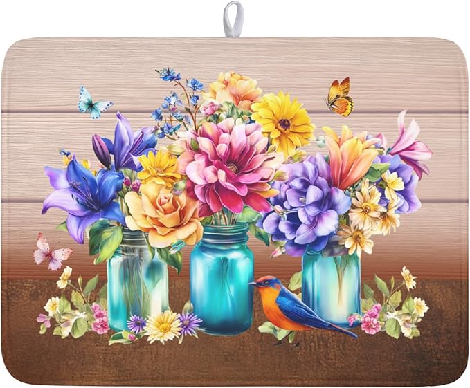 Spring Colorful Flowers Dish Drying Mat by Anyako