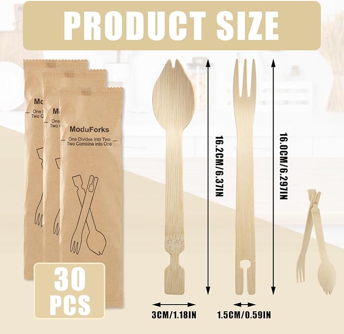 Bamboo Forks Set, 30 Sets Disposable Cutlery, Detachable 3 in 1 Bamboo Spoons - Image 3