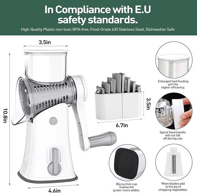 APSARAS USA Cheese Grater Hand Crank, Rotary Cheese Grater, 5 in 1 Rotary Grater - Image 2