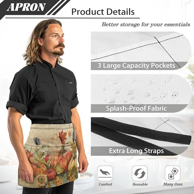 Server Apron with 3 Pockets, Waterproof Oil Waitress Waiter Half Apron - Image 6
