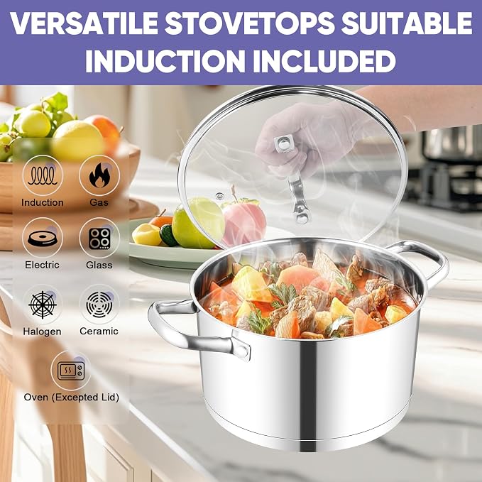 TeamFar 6QT Stainless Steel Stock Pot, Tri-ply Base Cooking Pasta Sauce Soup Pot - Image 5
