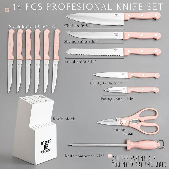 Moss & Stone Pink 14 Pcs Knife Block Set Stainless Steel, Premium Forged - Image 2