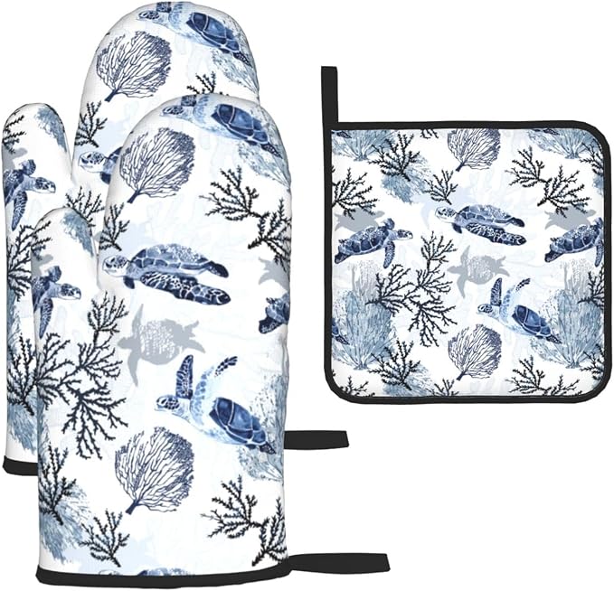 Navy Blue Ocean Sea Turtle Oven Mitts and Pot Holders Sets of 3, Heat Resistant by Unknown