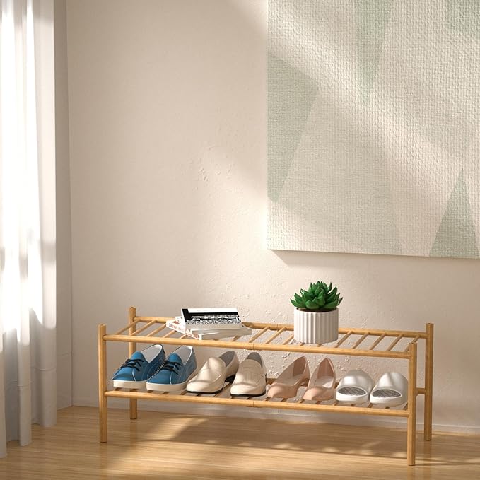 ROMGUAR CRAFT 2-Tier Bamboo Long Shoe Rack, Free Standing Wood Shoe Shelf - Image 2