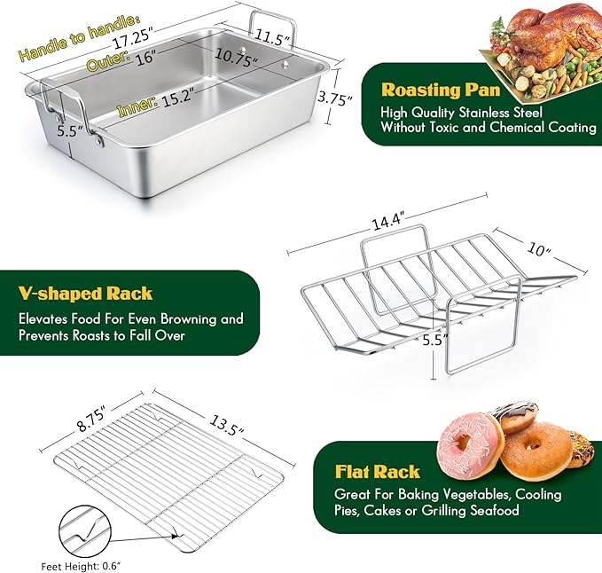 E-far Roasting Pan, 16 x 11.5 Inch Stainless Steel Turkey Roaster - Image 2
