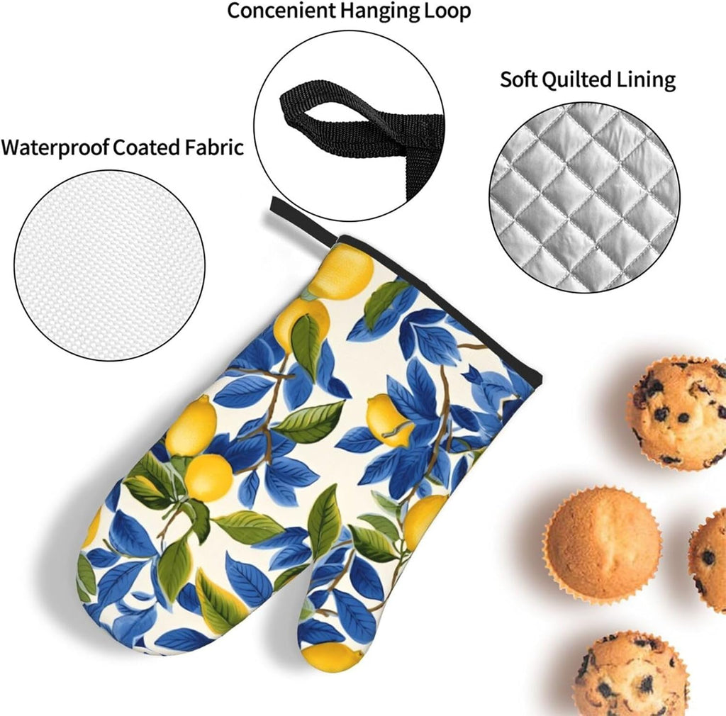 Blue and Yellow Lemon Oven Mitts and Pot Holders Sets of 3 Heat
