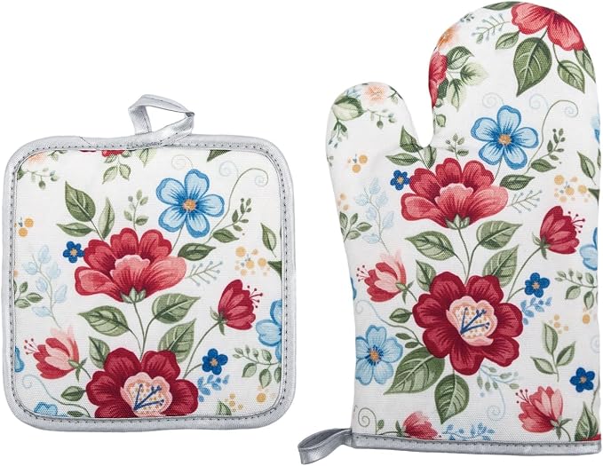 Floral Oven Mitts and Pot Holders Sets 2 Pcs, Canvas Heat Resistant Kitchen by QEES