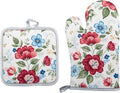 Floral Oven Mitts and Pot Holders Sets 2 Pcs, Canvas Heat Resistant Kitchen by QEES