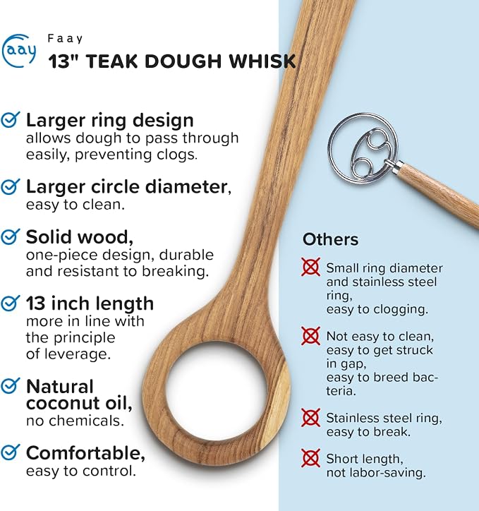 FAAY 13" Dough Whisk, 100% Healthy Teak Kitchen Utensils - Image 6