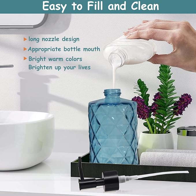 Blue Glass Soap Dispenser with Black Plastic Pump, 12oz Refillable Liquid Hand - Image 3