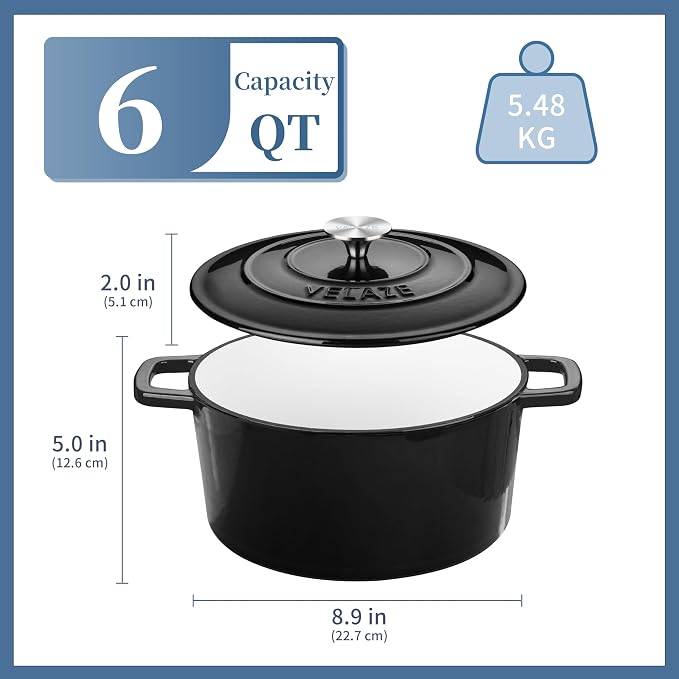 Velaze 6 QT Enameled Cast Iron Dutch Oven, Dual Handles Dutch Oven Pot - Image 6