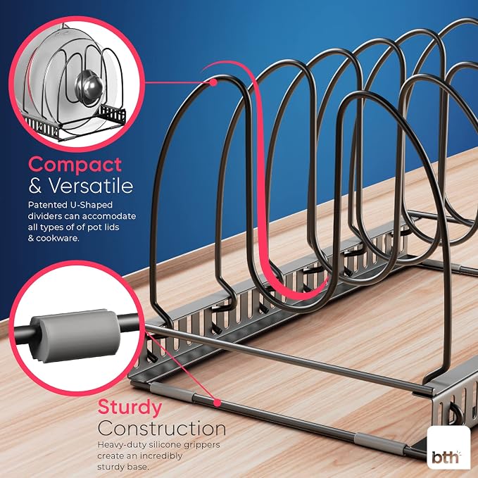 Better Things Home 7.5” Wide 6-Slot Adjustable Large Pan and Pot Lid Organizer - Image 3