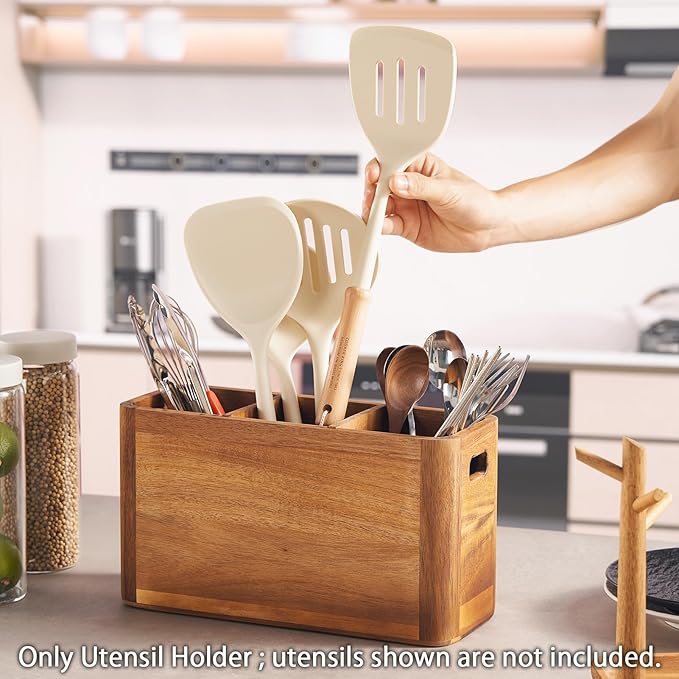 12" Wooden Kitchen Utensil Holder, Extra Large Acacia Wood Organizer - Image 3