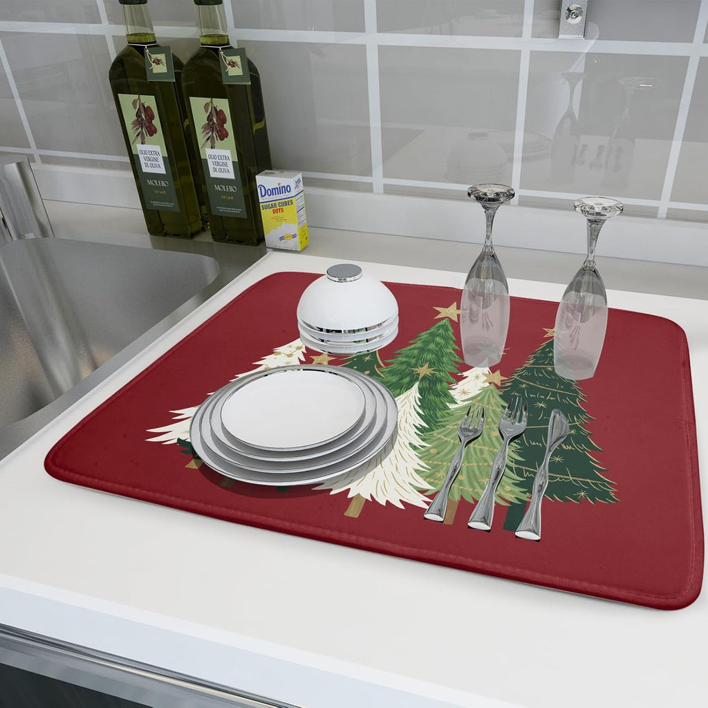 Christmas Dish Drying Mat for Kitchen Counter 18x24 Dark Red Winter
