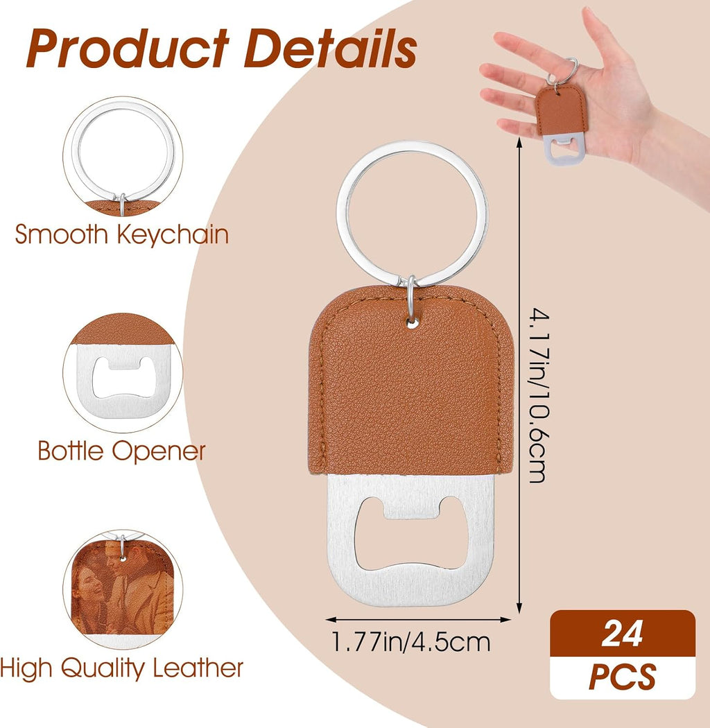 24 Pack Brown Leather Stainless Steel Bottle Opener Keychain