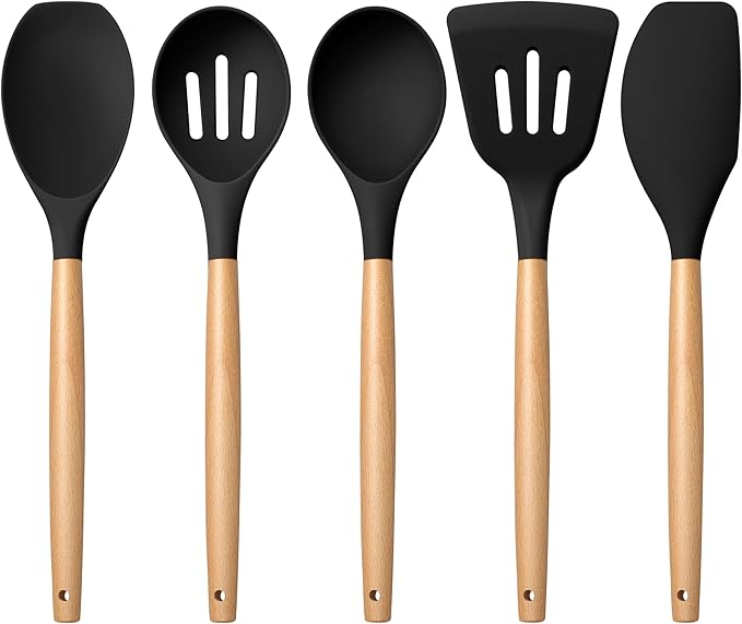 E-far Silicone Cooking Utensils Set, 5-Piece Black Kitchen Utensils Set by E-far