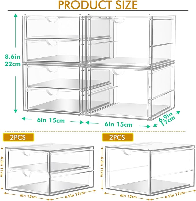 caktraie Acrylic Makeup Organizer, 4 Pack Drawer Organizer - Image 3