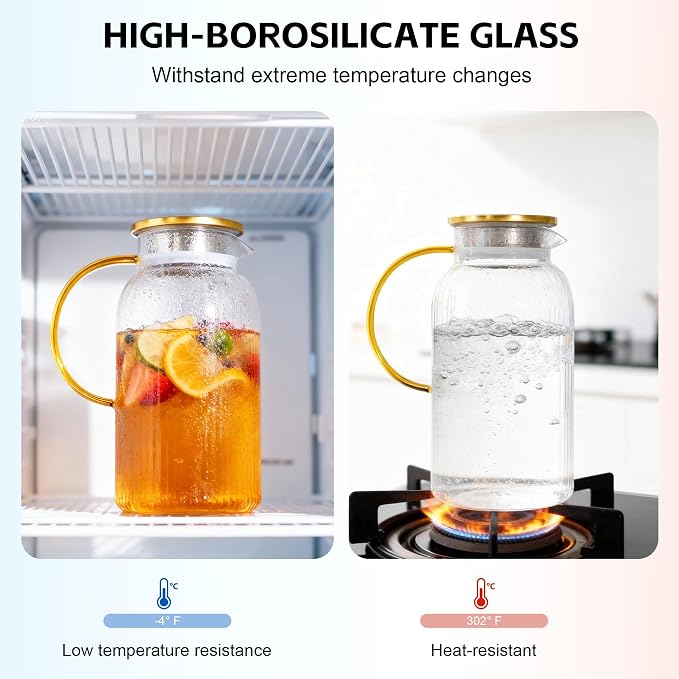 2 PACK Glass Pitcher with Lid, 68oz/2Liter Borosilicate Glass Water Pitcher - Image 4