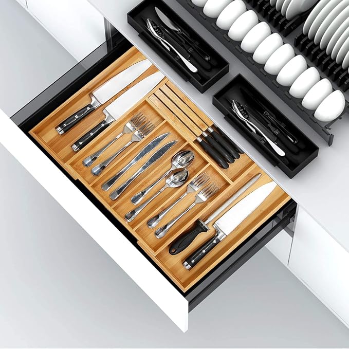 VaeFae Bamboo Silverware Drawer Organizer Kitchen, Expandable Utensil Organizer - Image 6