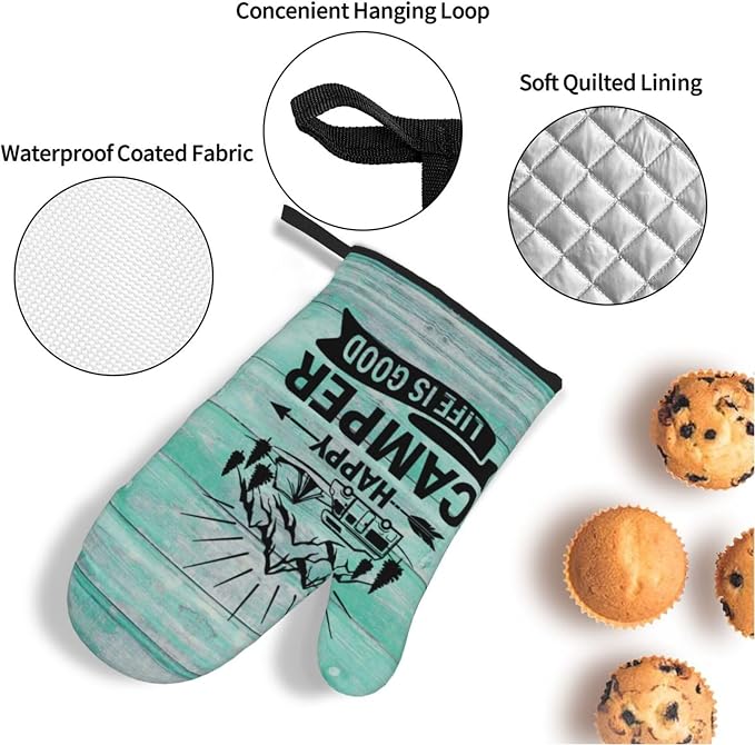 Happy Camper Oven Mitts and Pot Holders Sets of 4, Resistant Hot Pads - Image 4