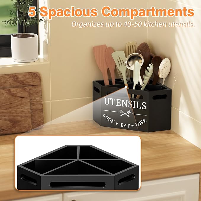 Kitchen Utensils Holder with 5 Compartments, Corner Utensil Caddy - Image 4