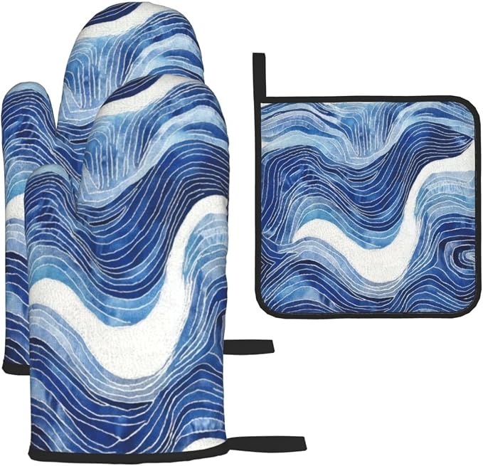 Blue and White Ocean Wave Oven Mitts and Pot Holders Sets of 3, Heat Resistant by Unknown