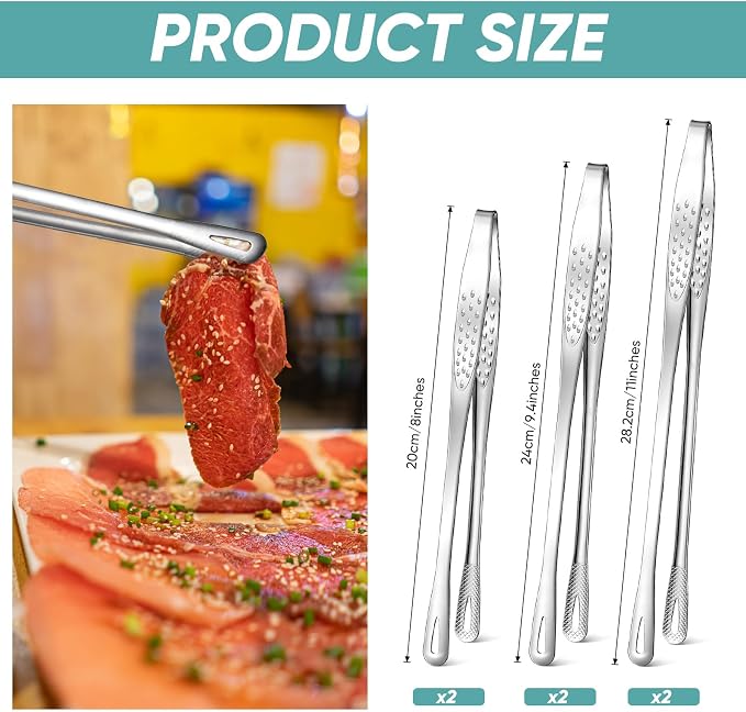 meekoo 6 Pcs 3 Size Stainless Steel Korean BBQ Grill Tongs Japanese Barbecue - Image 2