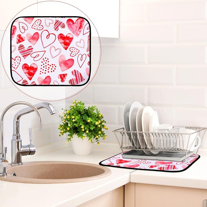 Breling Valentine's Day Dish Drying Mat Valentine Kitchen Dry Mat Absorbent - Image 5