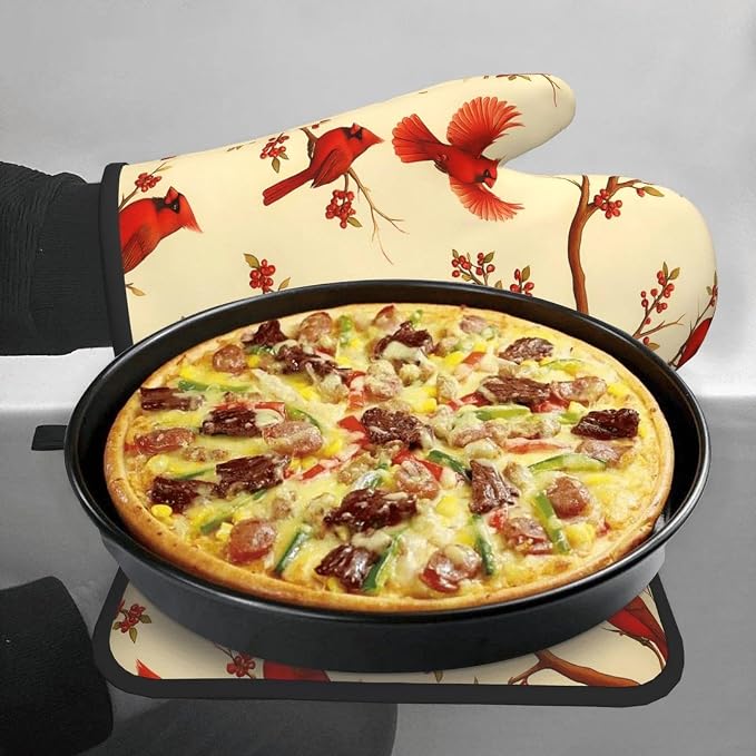 Red Cardinal Oven Mitts and Pot Holders Sets of 3, Non-Slip Christmas Heat - Image 4
