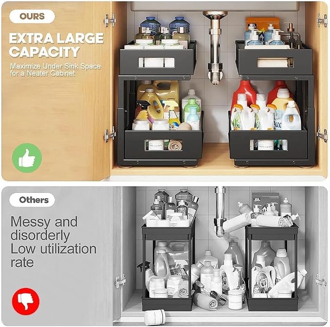 Under Sink Organizer, 2-Tier Dual Pull Out Cabinet Organizer Drawers - Image 3