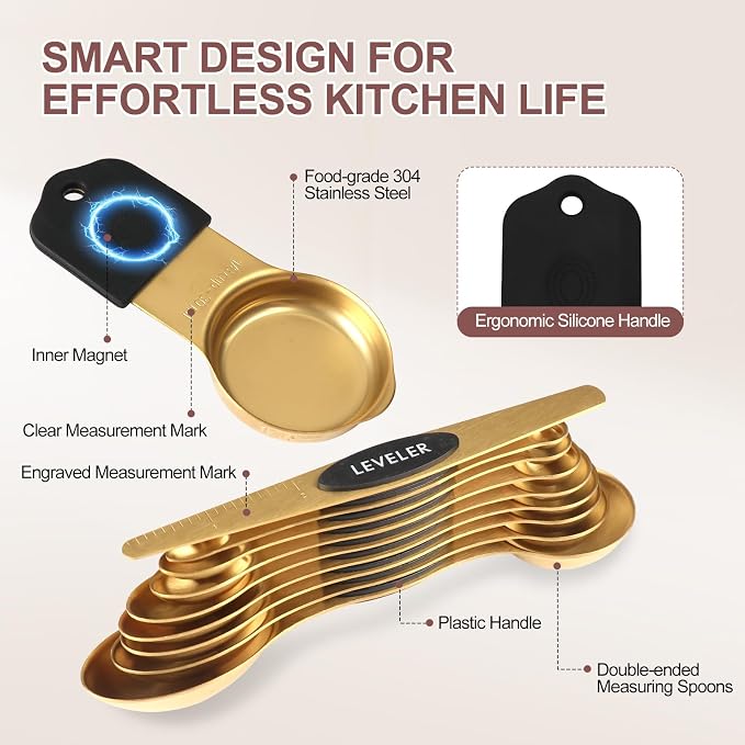 16-Piece Stainless Steel Measuring Cups and Spoons Set, Strong Magnetic Nesting - Image 2