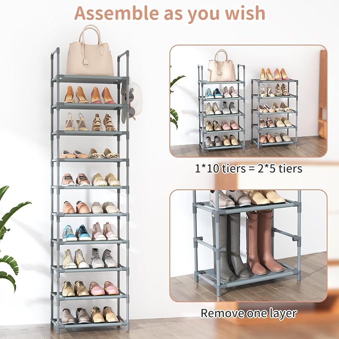 LANTEFUL 10 Tiers Tall Shoe Rack 20-25 Pairs Boots Organizer Storage Sturdy - Image 5