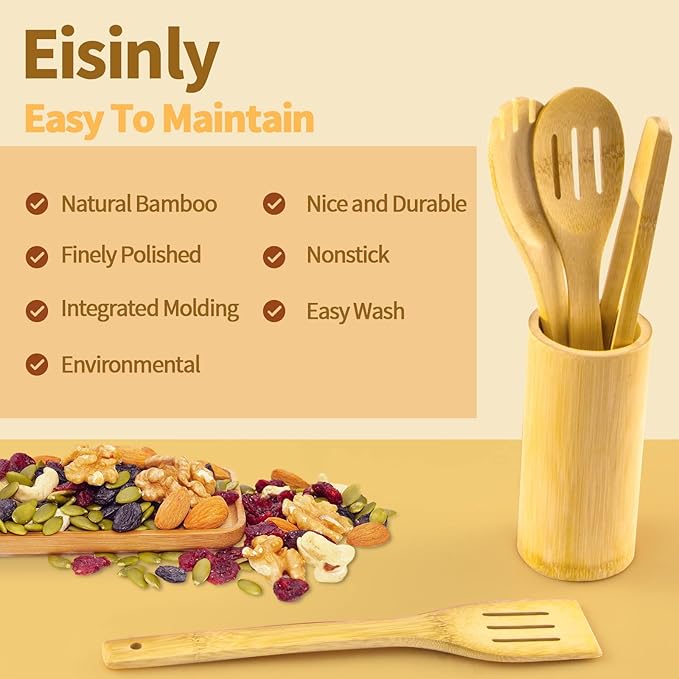Eisinly Wooden Spoons for Cooking 7-Piece, Kitchen Nonstick Bamboo Cooking - Image 4