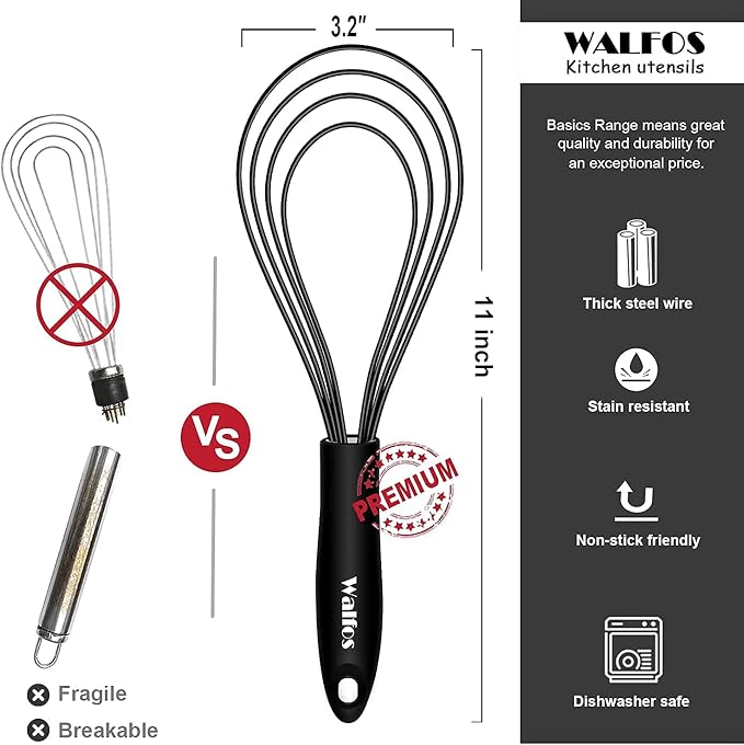 Walfos Silicone Flat Whisk, 11inch Flat Whisk Non Scratch Coated Flat Whisks - Image 4