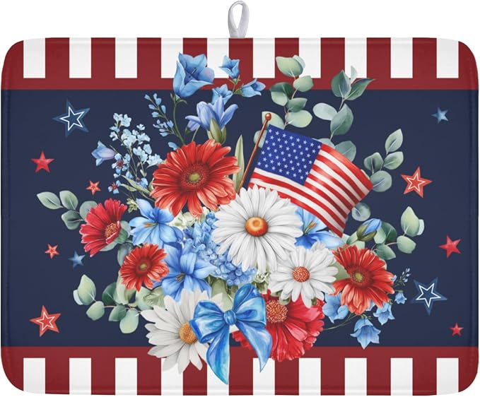 4th of July Dish Drying Mat for Kitchen Counter Patriotic Red Blue and White by Unknown