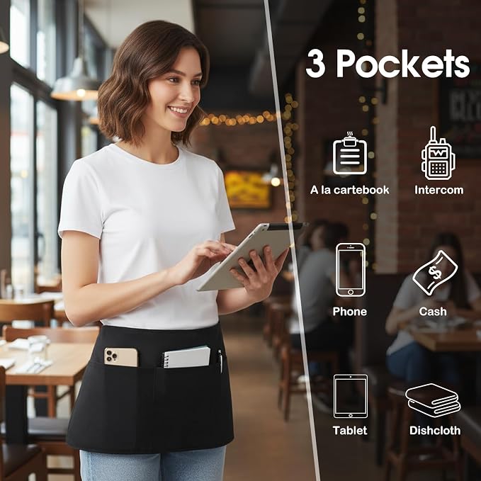 BOHARERS 3 Pockets Waitress Apron 12 Pack Cotton Server Apron Black Half Aprons - Image 3