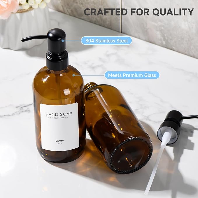 2 Pack Kitchen Soap Dispenser Set - 16oz Amber Glass Dish and Hand Soap - Image 3