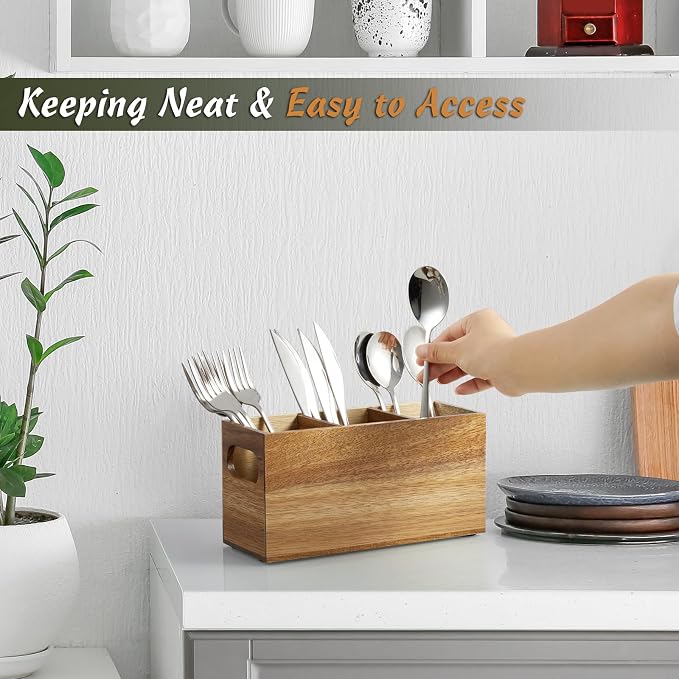 DRASTAR Silverware Holder, Acacia Wooden Utensil Caddy, Cutlery Holder - Image 4