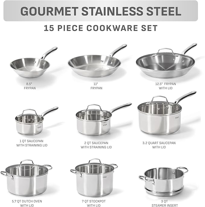 T-fal Gourmet 15-Piece Stainless Steel Cookware Set, Pots and Pans Cooking Set - Image 2