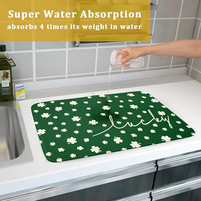 Giwawa St Patricks Day Dish Drying Mat Green Lucky Clovers Dish Drainer Mats - Image 7