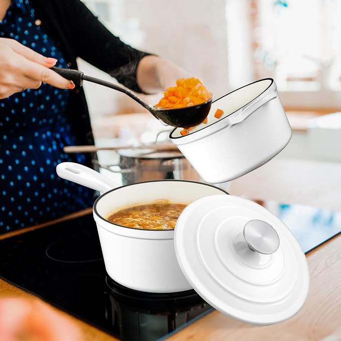 1 Qt & 2 Qt Pots and Pans Set, Leonyo Enameled Cast Iron Saucepan - Image 8