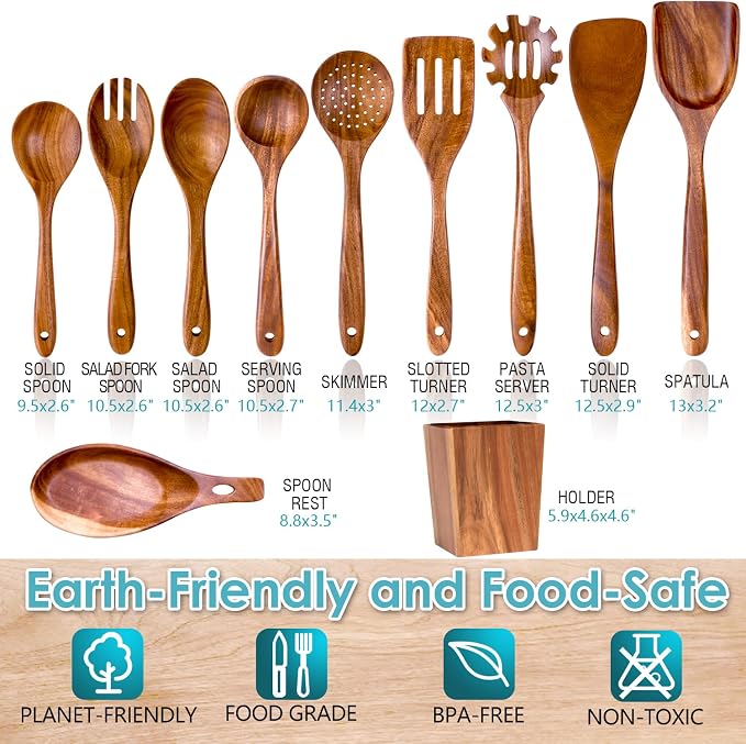 HOWHONG Wooden Spoons for Cooking, Premium Acacia Wood Kitchen Utensil Set - Image 2