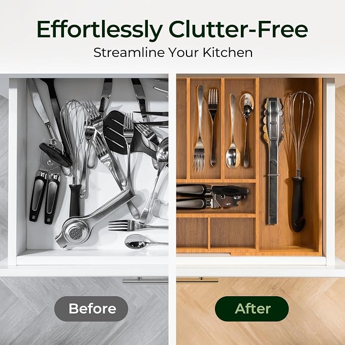 keechee Carbonized Large Bamboo Kitchen Drawer Organizer, 12 Slots Expandable - Image 8