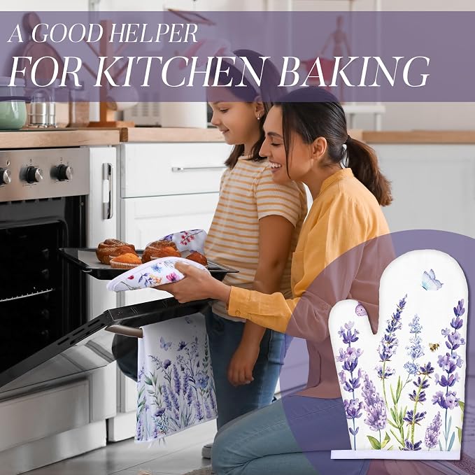 Spring Lavender Oven Mitts and Pot Holders Kitchen Dish Towels Set Purple - Image 2