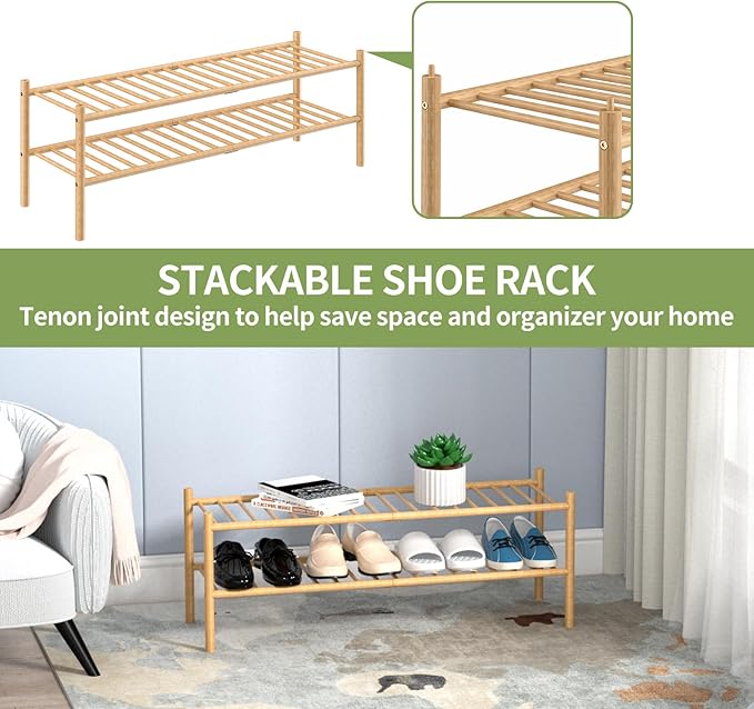 ROMGUAR CRAFT 2-Tier Bamboo Long Shoe Rack, Free Standing Wood Shoe Shelf - Image 6
