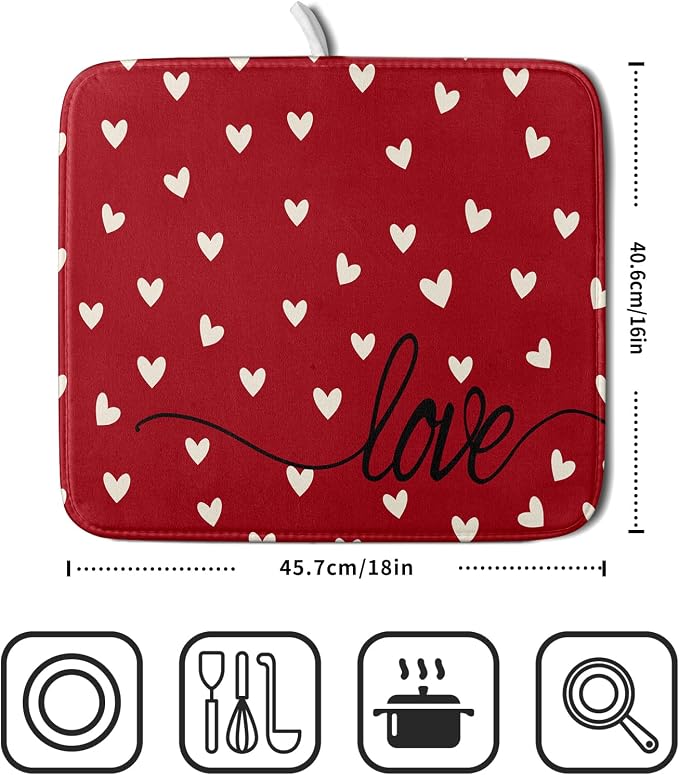 Giwawa Red Hearts Dish Drying Mat 16"x18", Valentines Day Symbol of Love Dish - Image 2